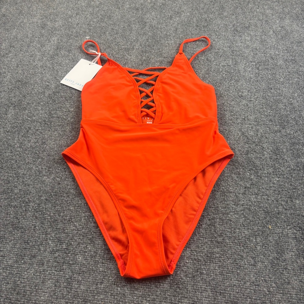 BETTY JADE Women’s NWT Orange Plunge v-Neck One Piece Swimsuit size: Medium